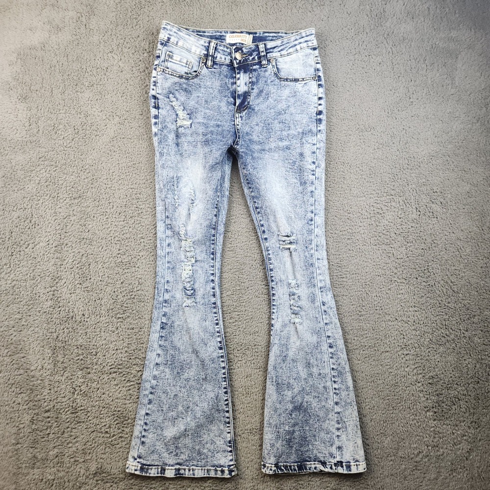 Celebrity Ace Womens Flare Leg High Waisted Jeans Junior's 5/27 Blue Distressed